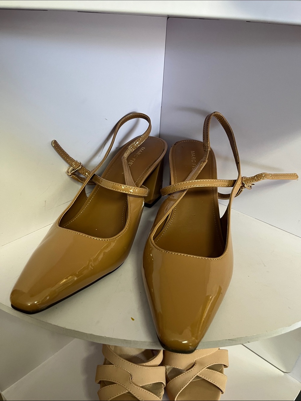 Marc Fisher Patent Slingback Pumps in Camel Tan